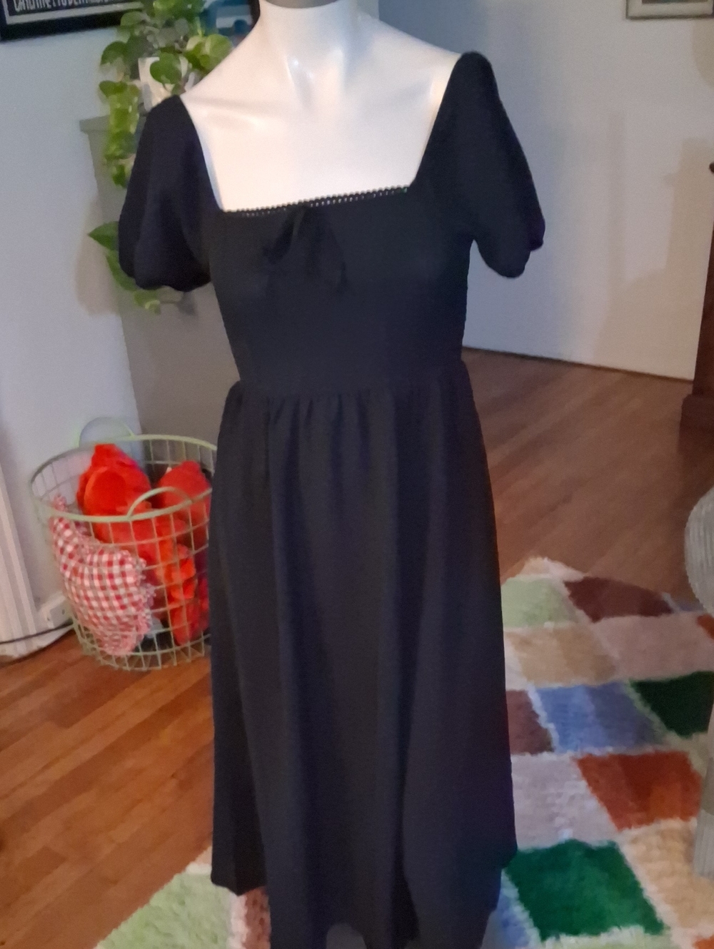 Derek Heart Puff-Sleeve Square-Neck Dress